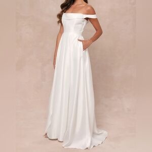Lulus Extraordinary Vow White Off-the-Shoulder Maxi Dress with Pockets, Small